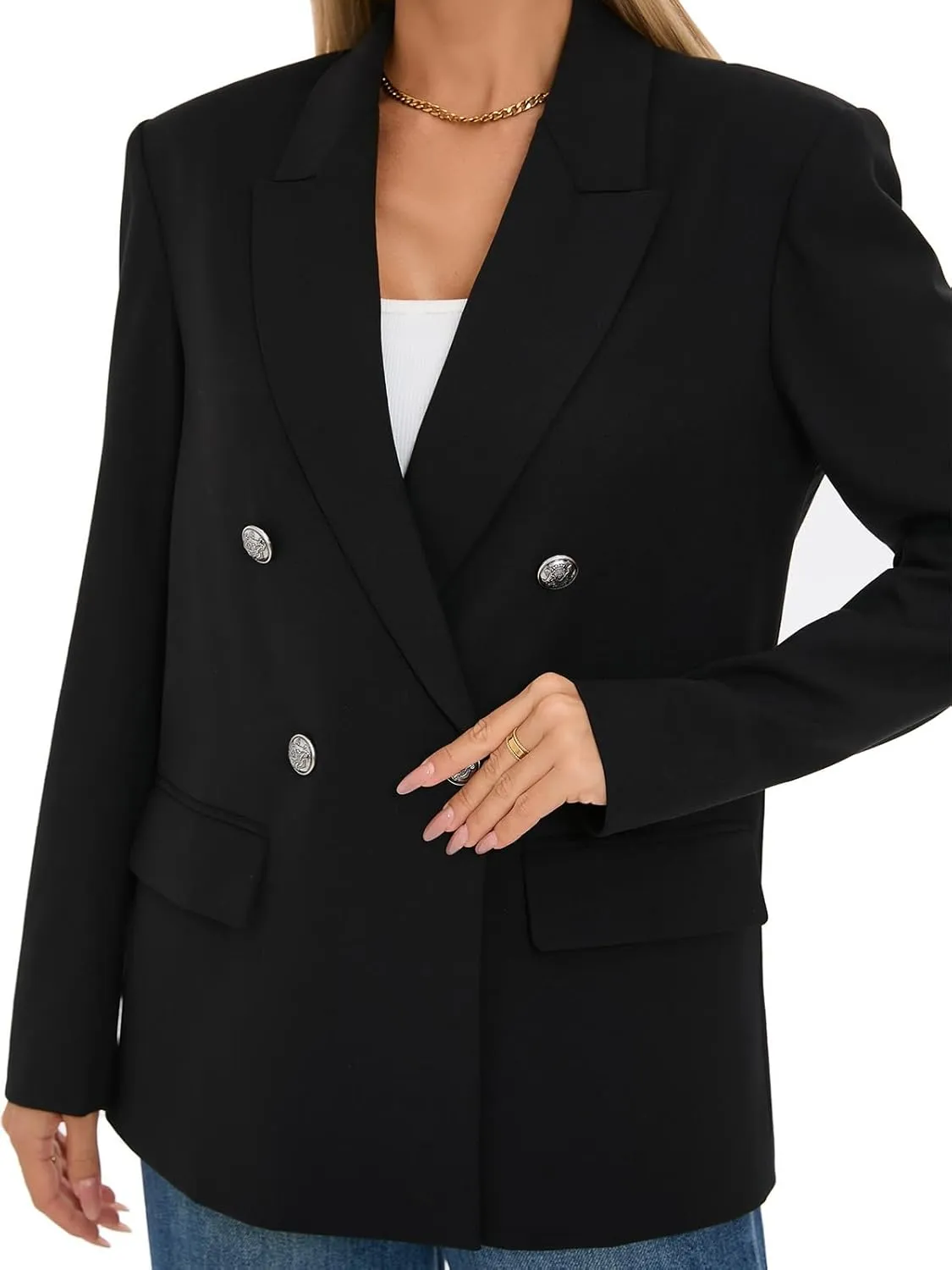 Women's Oversized Blazer Jacket Double-Breasted Suit with Pockets Long Sleeve Outfit for Business Work Office Casual