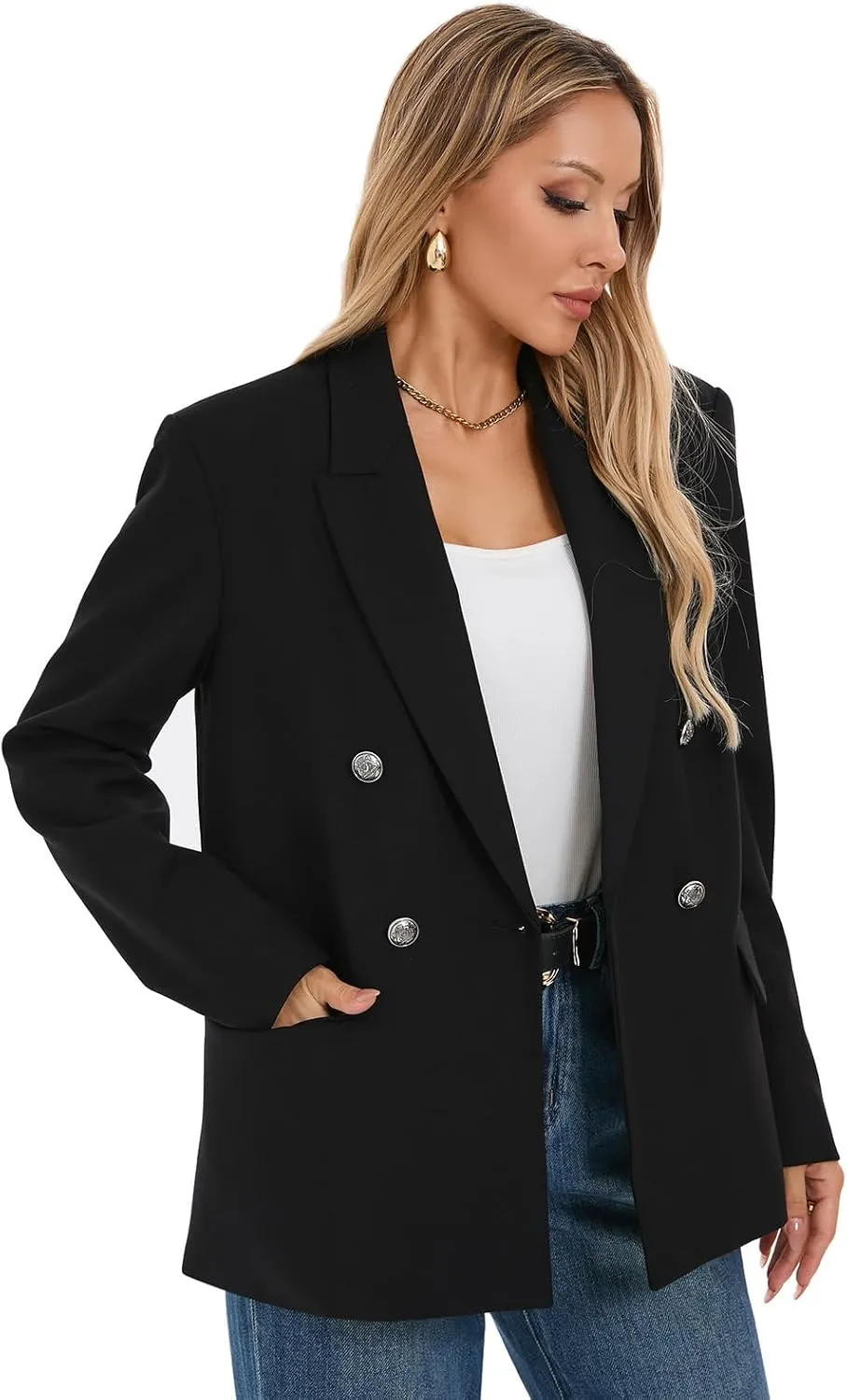 Women's Oversized Blazer Jacket Double-Breasted Suit with Pockets Long Sleeve Outfit for Business Work Office Casual