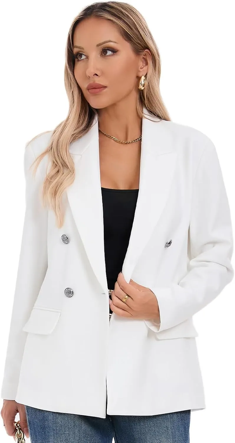 Women's Oversized Blazer Jacket Double-Breasted Suit with Pockets Long Sleeve Outfit for Business Work Office Casual