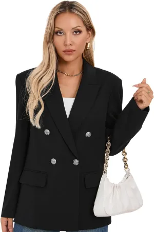 Women's Oversized Blazer Jacket Double-Breasted Suit with Pockets Long Sleeve Outfit for Business Work Office Casual