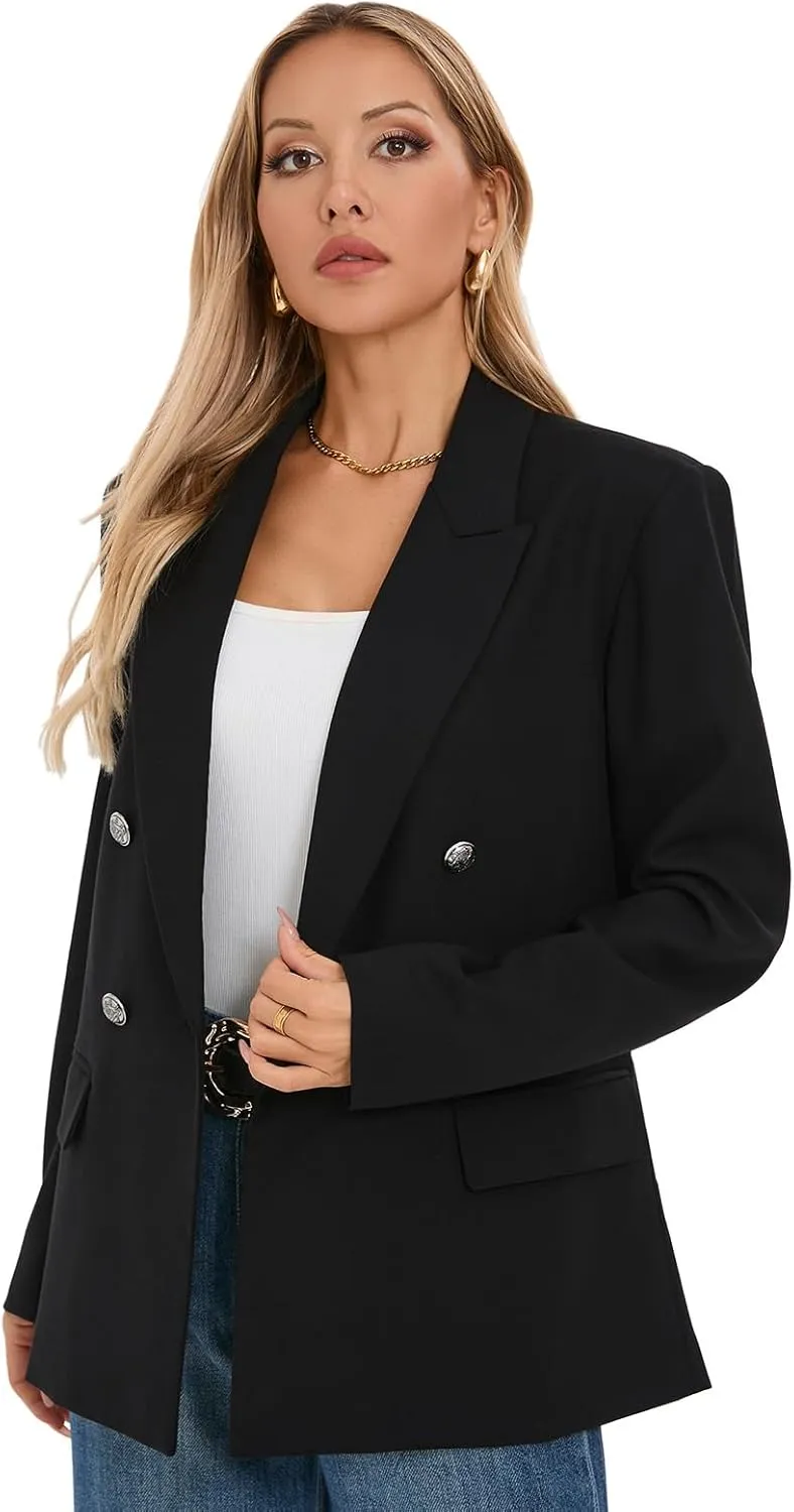 Women's Oversized Blazer Jacket Double-Breasted Suit with Pockets Long Sleeve Outfit for Business Work Office Casual