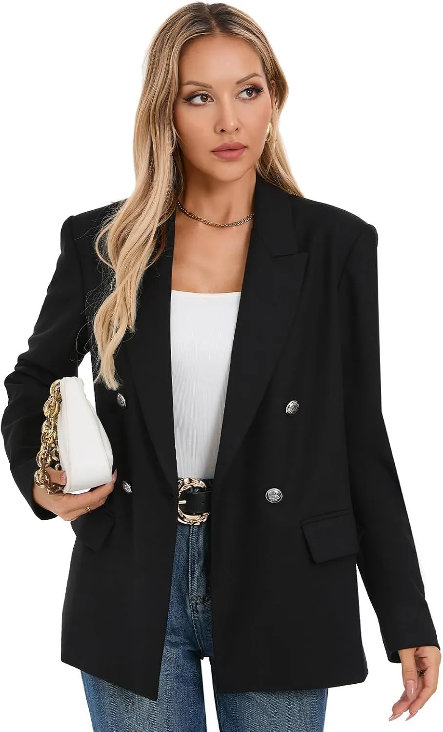 Women's Oversized Blazer Jacket Double-Breasted Suit with Pockets Long Sleeve Outfit for Business Work Office Casual