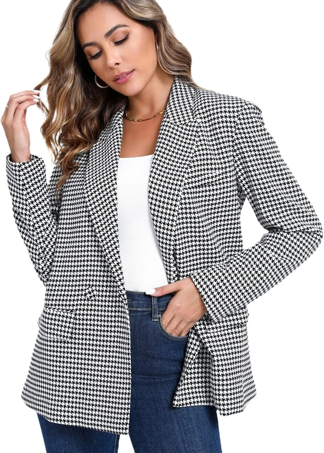Women's Oversized Double-Breasted Suit Blazer Jacket Top Stitch Long Sleeve Casual Work Office Blazer with Pockets