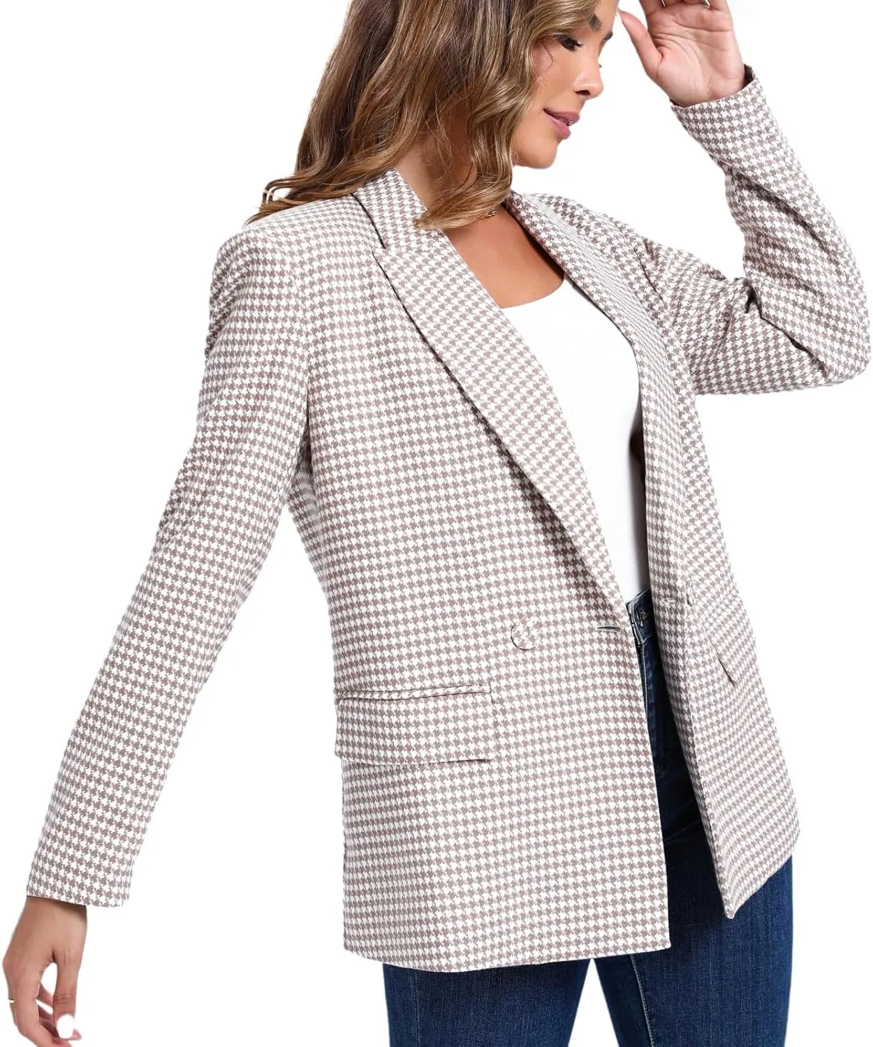 Women's Oversized Double-Breasted Suit Blazer Jacket Top Stitch Long Sleeve Casual Work Office Blazer with Pockets