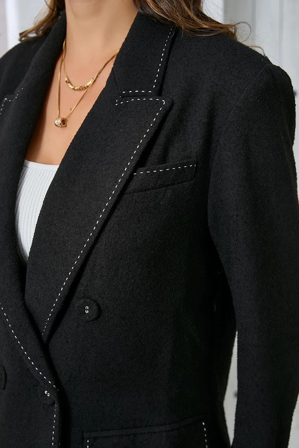 Women's Oversized Double-Breasted Suit Blazer Jacket Top Stitch Long Sleeve Casual Work Office Blazer with Pockets