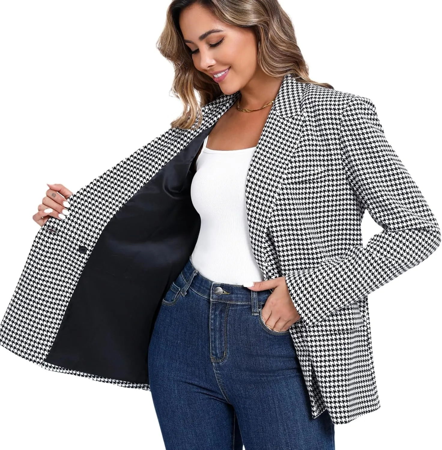 Women's Oversized Double-Breasted Suit Blazer Jacket Top Stitch Long Sleeve Casual Work Office Blazer with Pockets
