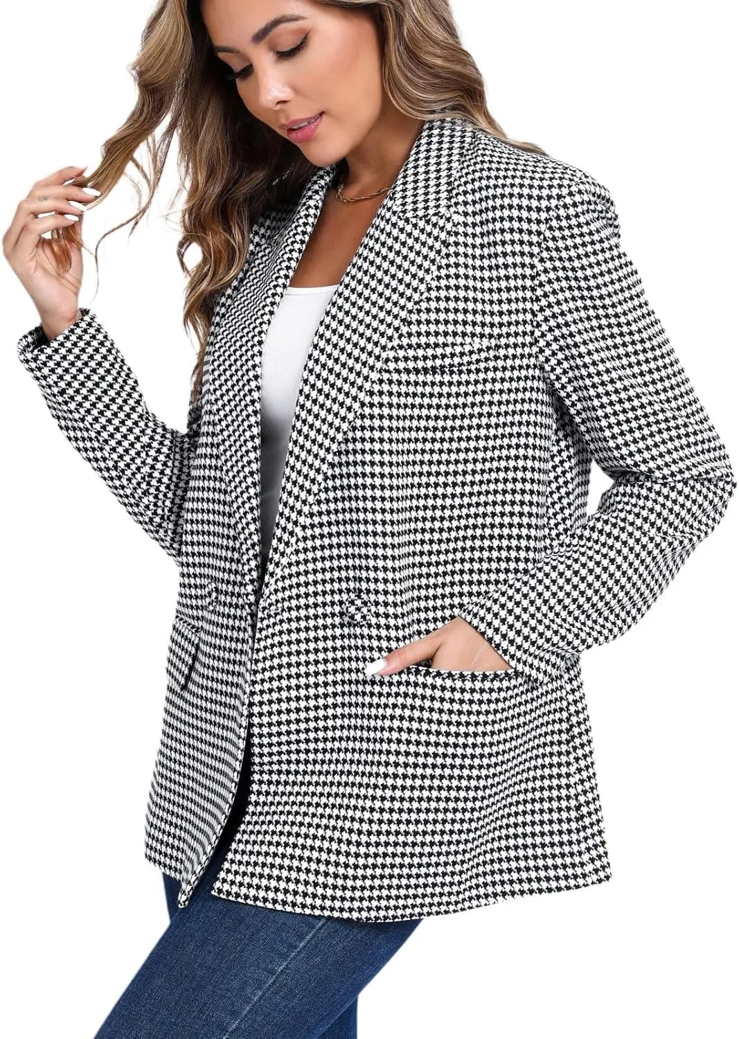 Women's Oversized Double-Breasted Suit Blazer Jacket Top Stitch Long Sleeve Casual Work Office Blazer with Pockets
