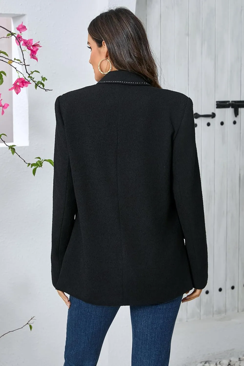 Women's Oversized Double-Breasted Suit Blazer Jacket Top Stitch Long Sleeve Casual Work Office Blazer with Pockets