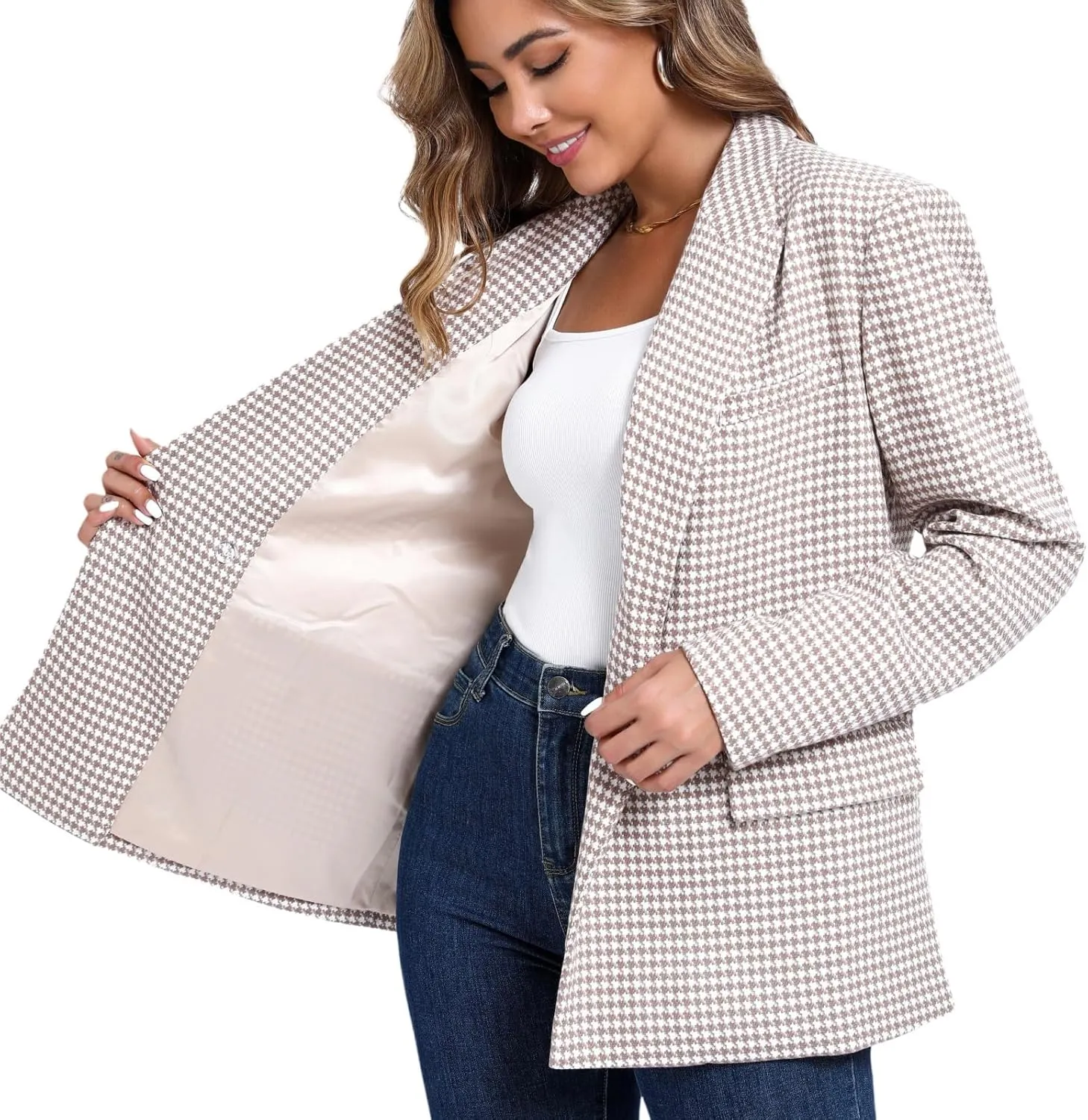 Women's Oversized Double-Breasted Suit Blazer Jacket Top Stitch Long Sleeve Casual Work Office Blazer with Pockets