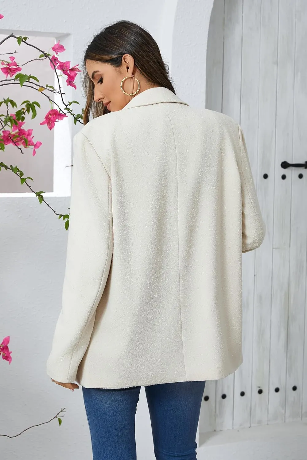 Women's Oversized Double-Breasted Suit Blazer Jacket Top Stitch Long Sleeve Casual Work Office Blazer with Pockets