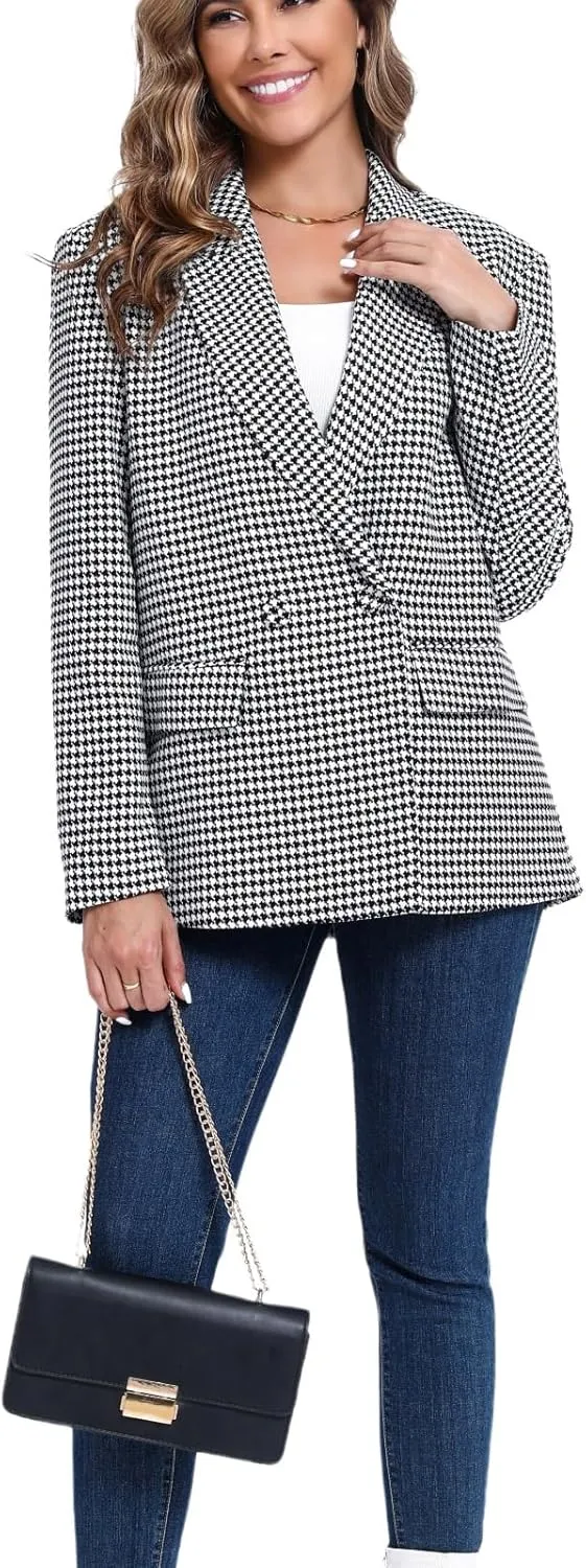 Women's Oversized Double-Breasted Suit Blazer Jacket Top Stitch Long Sleeve Casual Work Office Blazer with Pockets