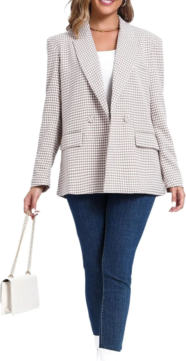 Women's Oversized Double-Breasted Suit Blazer Jacket Top Stitch Long Sleeve Casual Work Office Blazer with Pockets