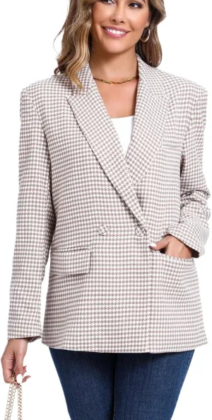 Women's Oversized Double-Breasted Suit Blazer Jacket Top Stitch Long Sleeve Casual Work Office Blazer with Pockets