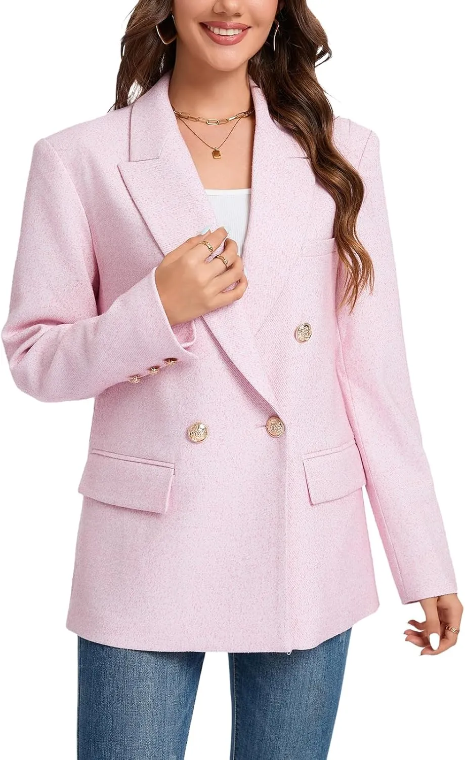 Women's Oversized Tweed Blazer - Double Breasted Casual Business Jacket, Long Sleeve, Lightweight, Lined, Trendy Office Wear