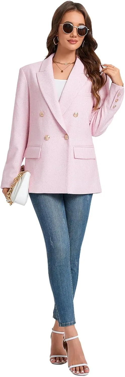 Women's Oversized Tweed Blazer - Double Breasted Casual Business Jacket, Long Sleeve, Lightweight, Lined, Trendy Office Wear