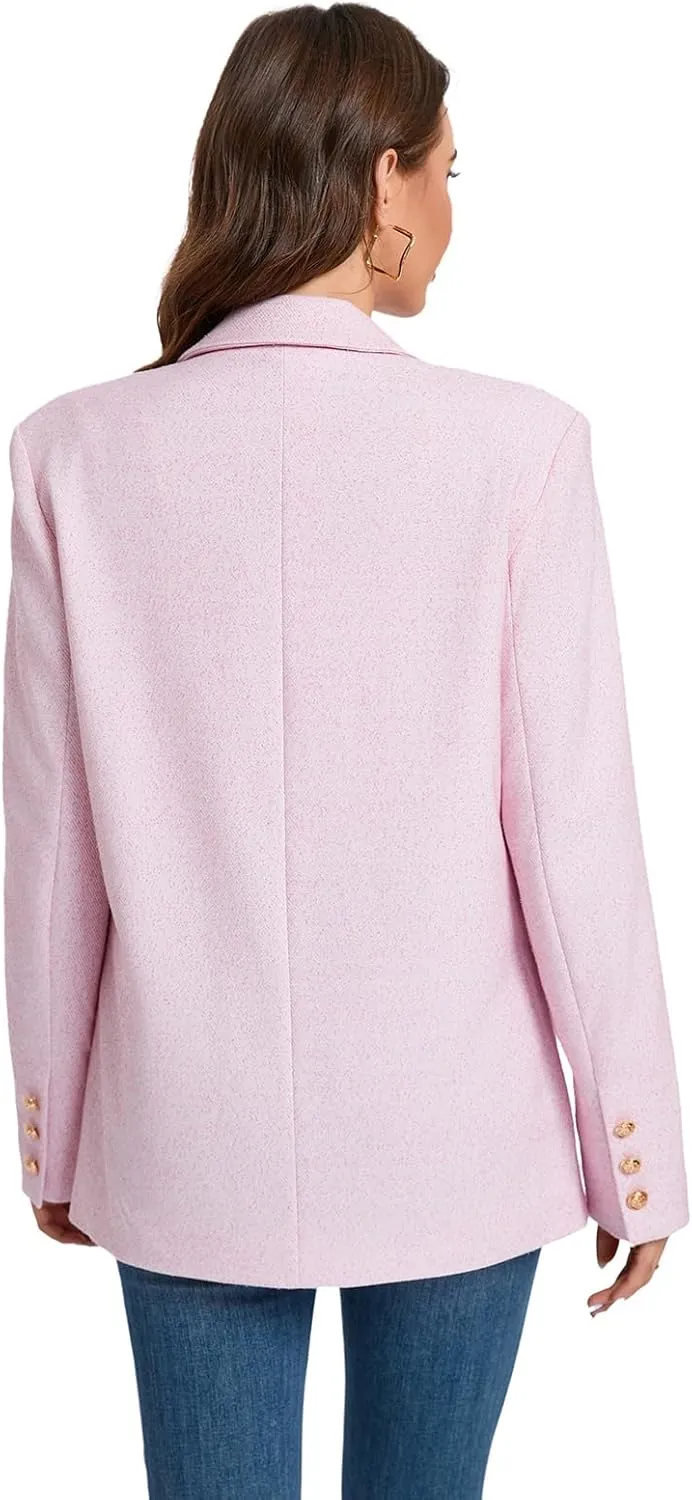Women's Oversized Tweed Blazer - Double Breasted Casual Business Jacket, Long Sleeve, Lightweight, Lined, Trendy Office Wear