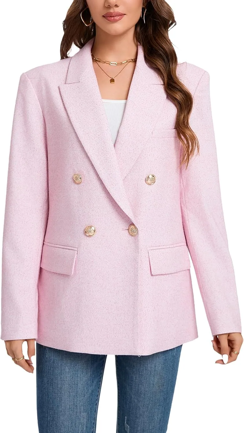 Women's Oversized Tweed Blazer - Double Breasted Casual Business Jacket, Long Sleeve, Lightweight, Lined, Trendy Office Wear