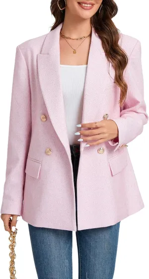 Women's Oversized Tweed Blazer - Double Breasted Casual Business Jacket, Long Sleeve, Lightweight, Lined, Trendy Office Wear