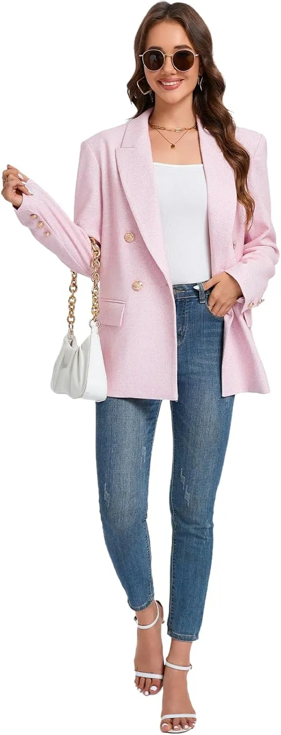 Women's Oversized Tweed Blazer - Double Breasted Casual Business Jacket, Long Sleeve, Lightweight, Lined, Trendy Office Wear