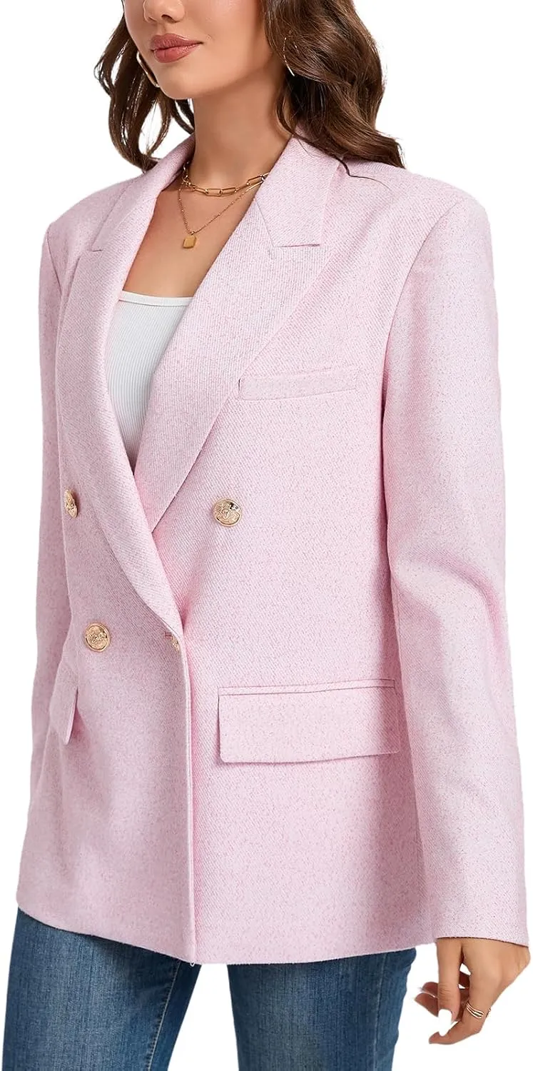 Women's Oversized Tweed Blazer - Double Breasted Casual Business Jacket, Long Sleeve, Lightweight, Lined, Trendy Office Wear