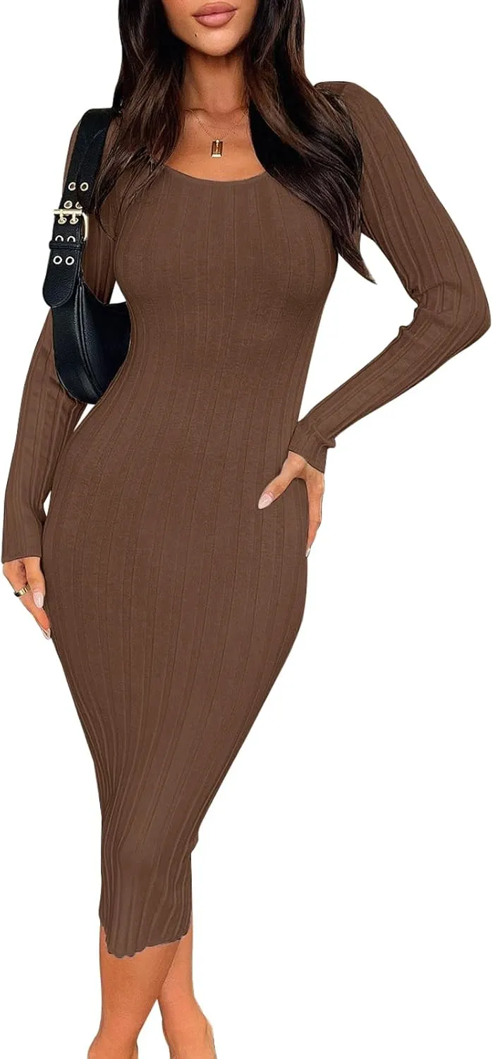 Women's Sexy Bodycon Long Sleeve Midi Dress Scoop Neck Ribbed Knit Cocktail Party Club Dresses