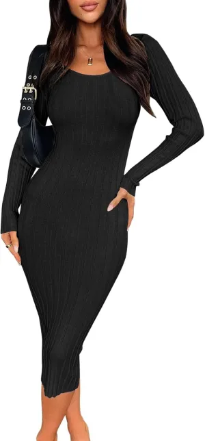 Women's Sexy Bodycon Long Sleeve Midi Dress Scoop Neck Ribbed Knit Cocktail Party Club Dresses