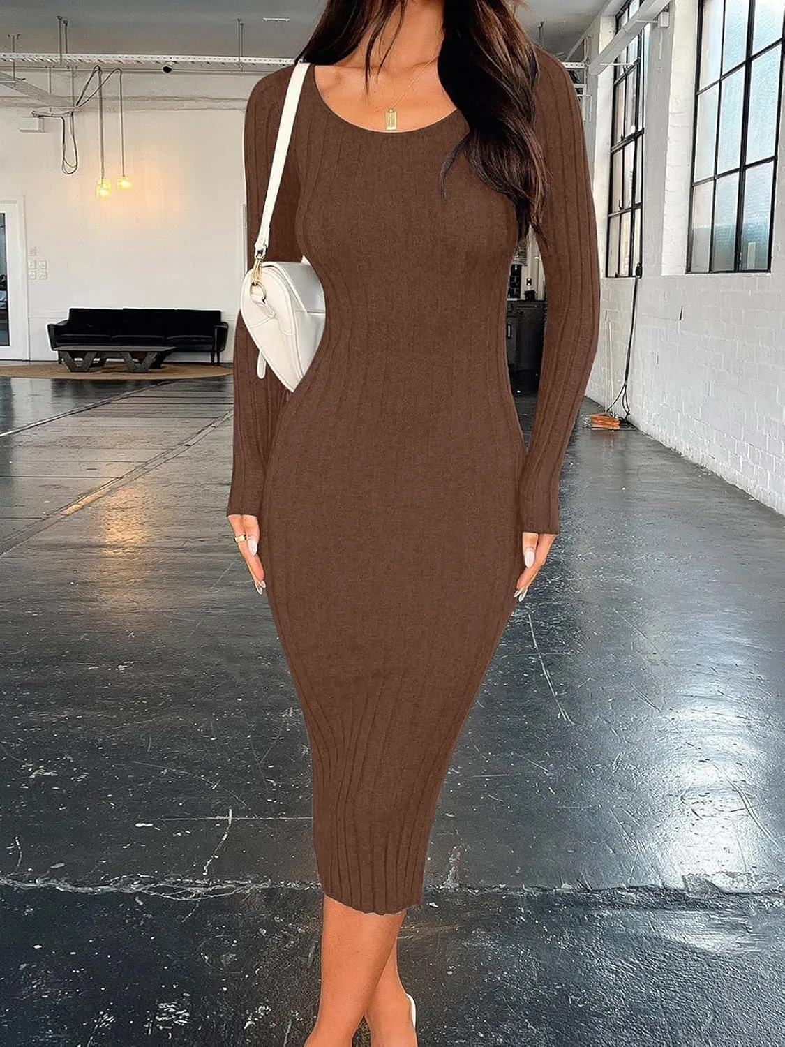 Women's Sexy Bodycon Long Sleeve Midi Dress Scoop Neck Ribbed Knit Cocktail Party Club Dresses