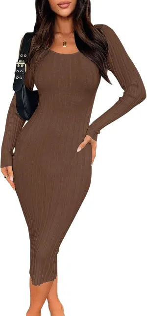 Women's Sexy Bodycon Long Sleeve Midi Dress Scoop Neck Ribbed Knit Cocktail Party Club Dresses