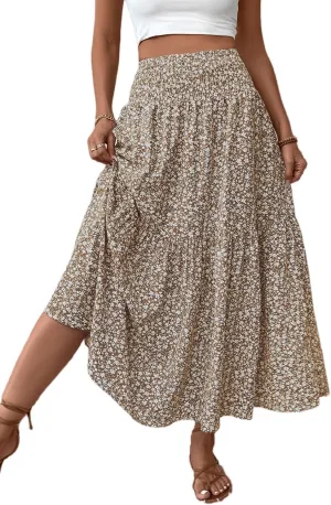 Women's Smocked High Waist Maxi Skirt Casual Boho Long Skirts with Pockets