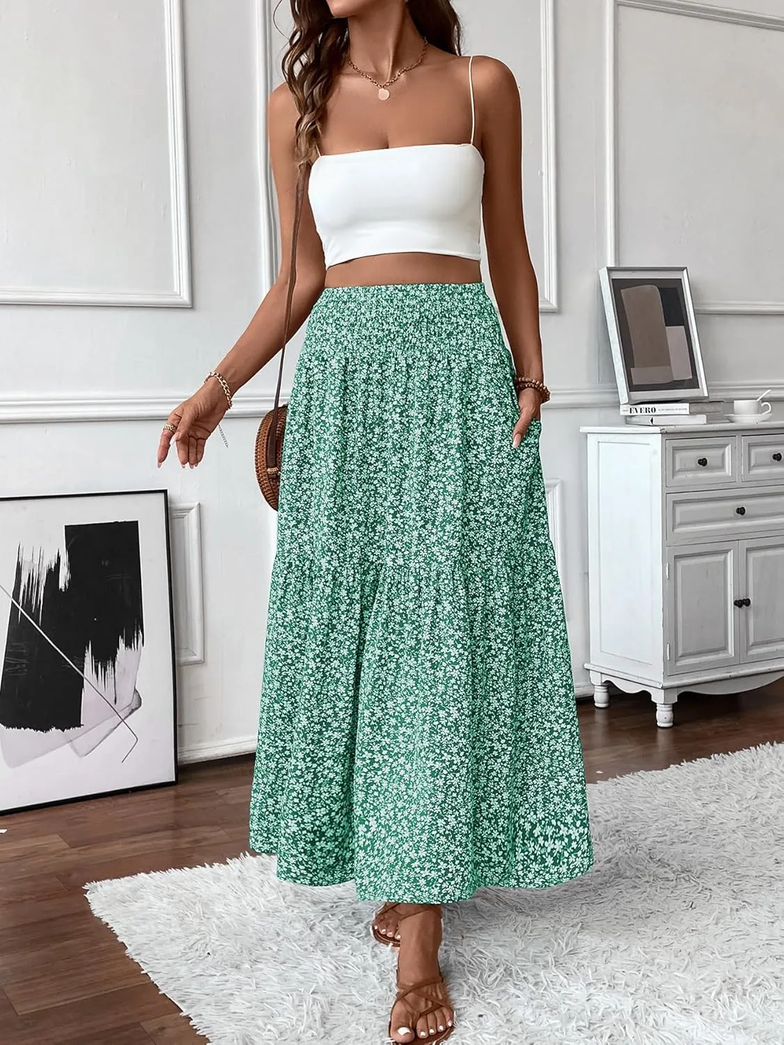 Women's Smocked High Waist Maxi Skirt Casual Boho Long Skirts with Pockets