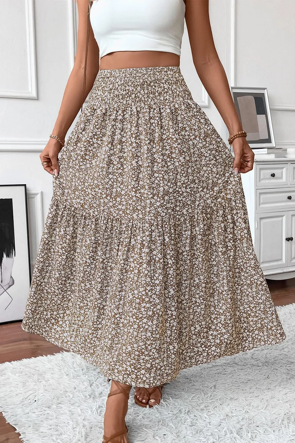 Women's Smocked High Waist Maxi Skirt Casual Boho Long Skirts with Pockets