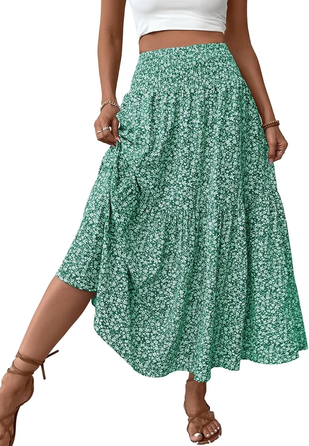 Women's Smocked High Waist Maxi Skirt Casual Boho Long Skirts with Pockets