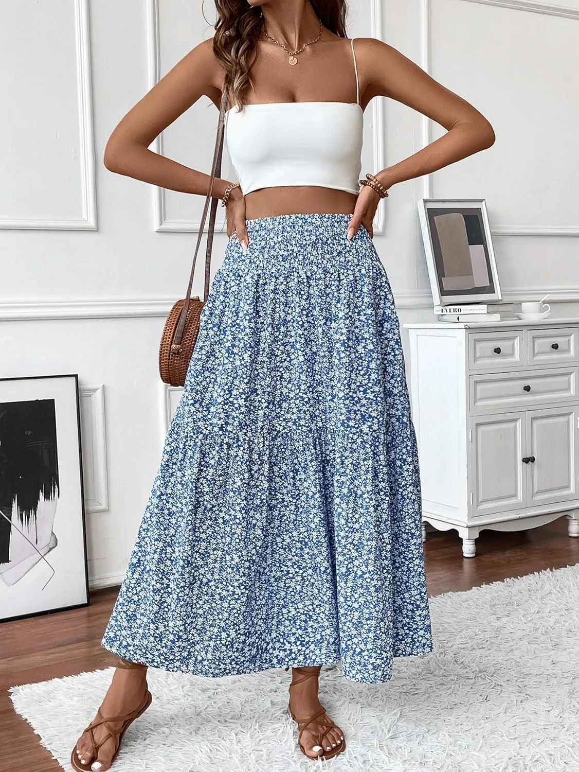 Women's Smocked High Waist Maxi Skirt Casual Boho Long Skirts with Pockets