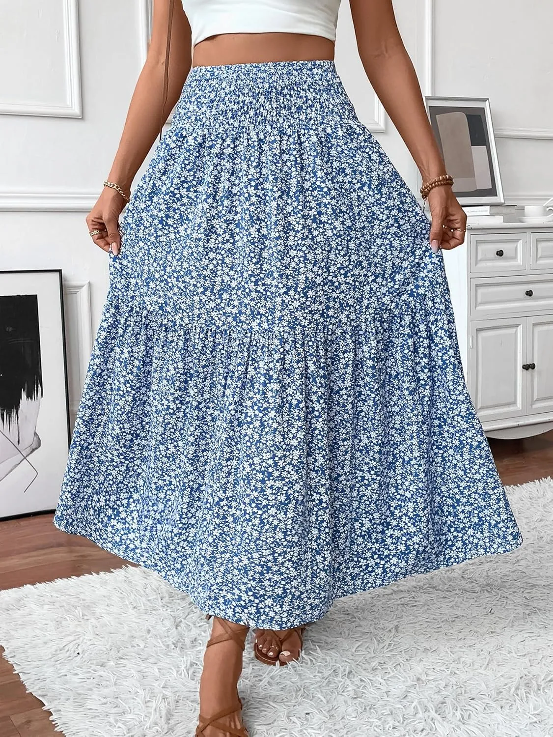 Women's Smocked High Waist Maxi Skirt Casual Boho Long Skirts with Pockets