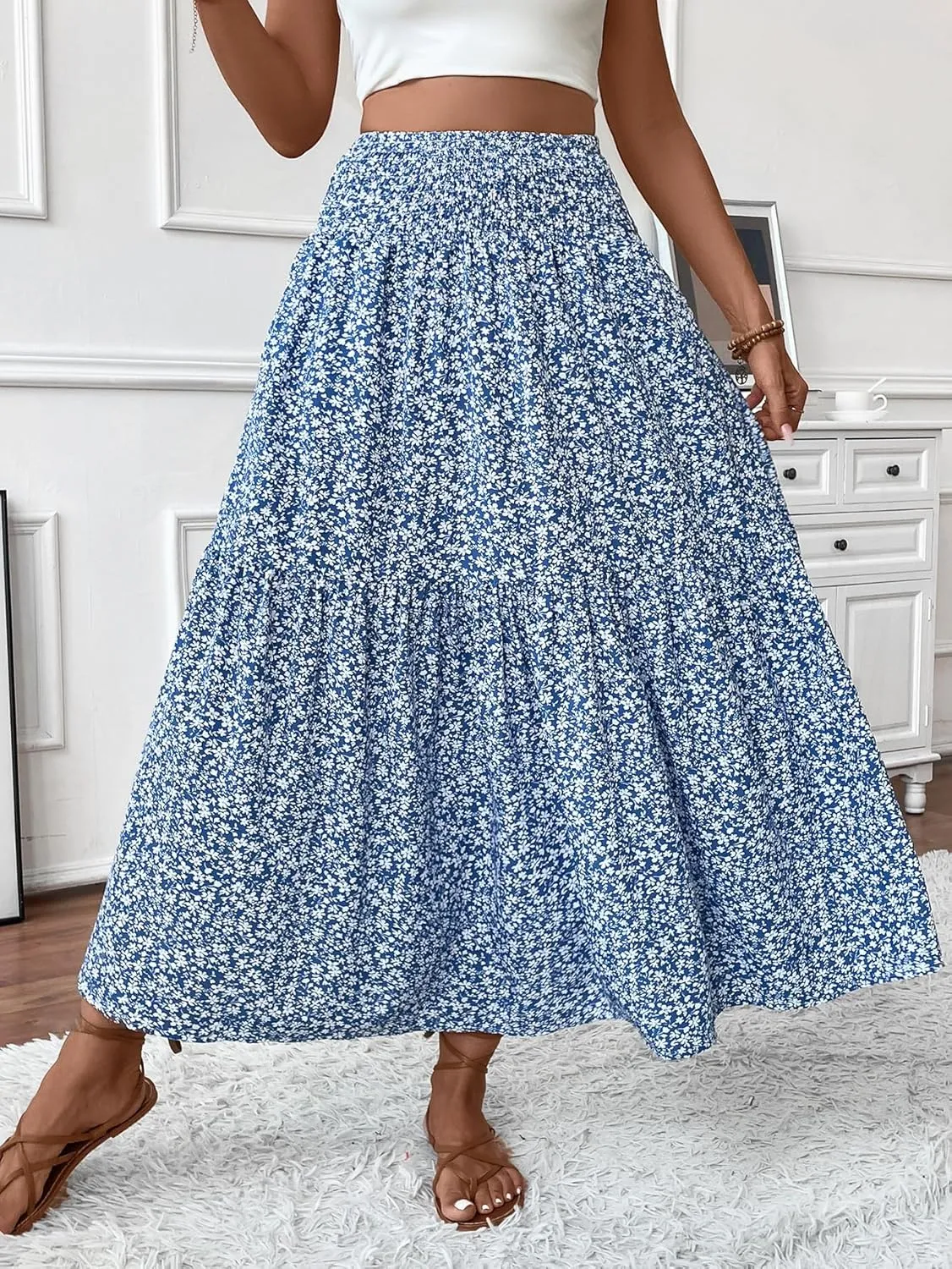 Women's Smocked High Waist Maxi Skirt Casual Boho Long Skirts with Pockets