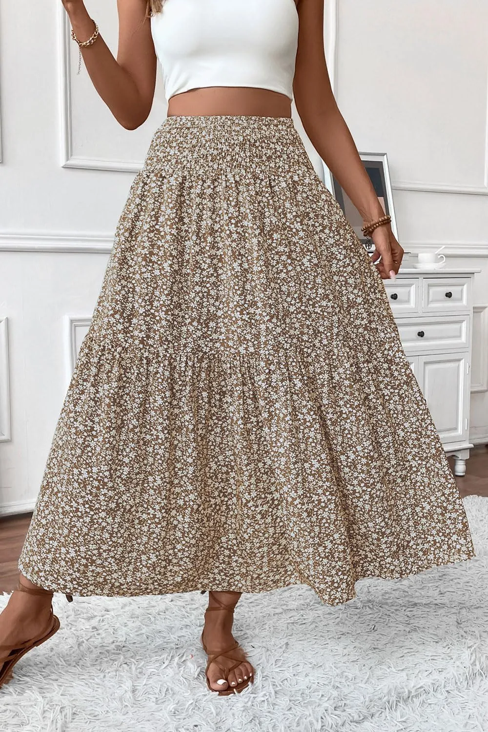 Women's Smocked High Waist Maxi Skirt Casual Boho Long Skirts with Pockets