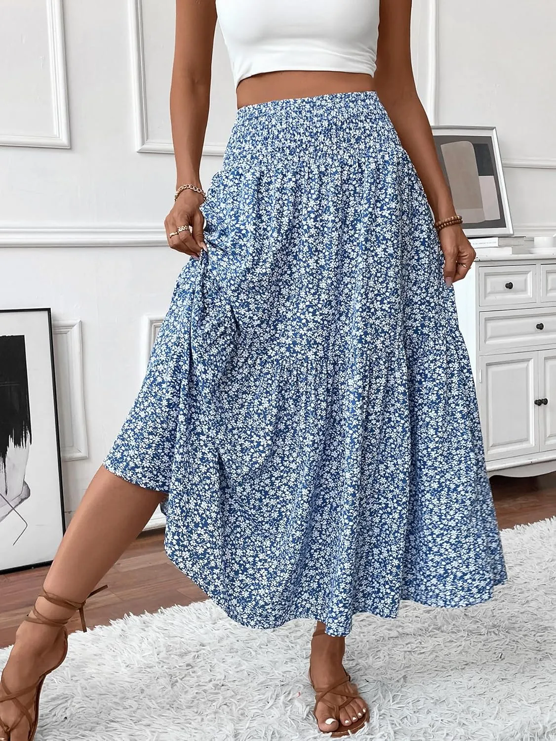 Women's Smocked High Waist Maxi Skirt Casual Boho Long Skirts with Pockets
