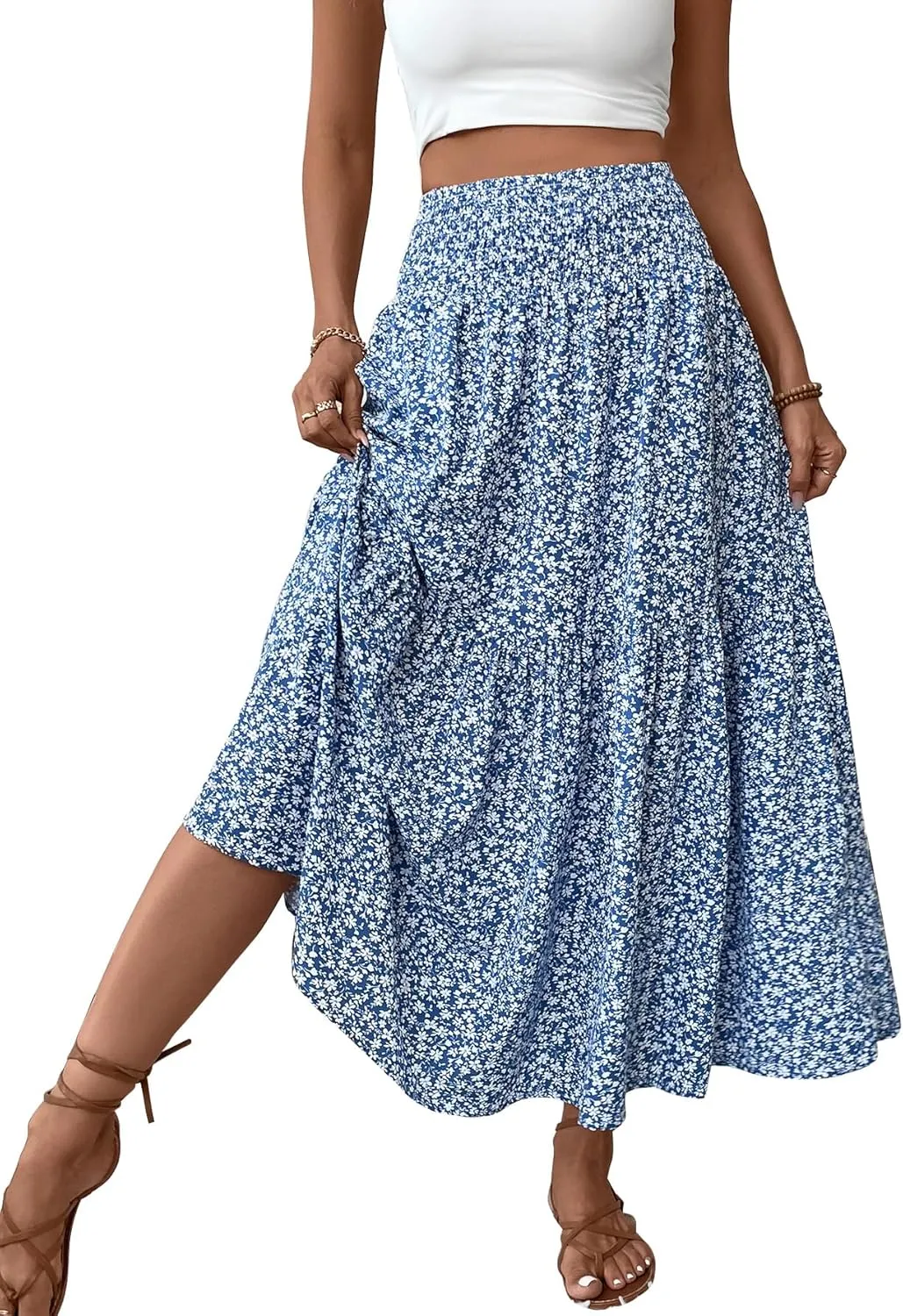 Women's Smocked High Waist Maxi Skirt Casual Boho Long Skirts with Pockets
