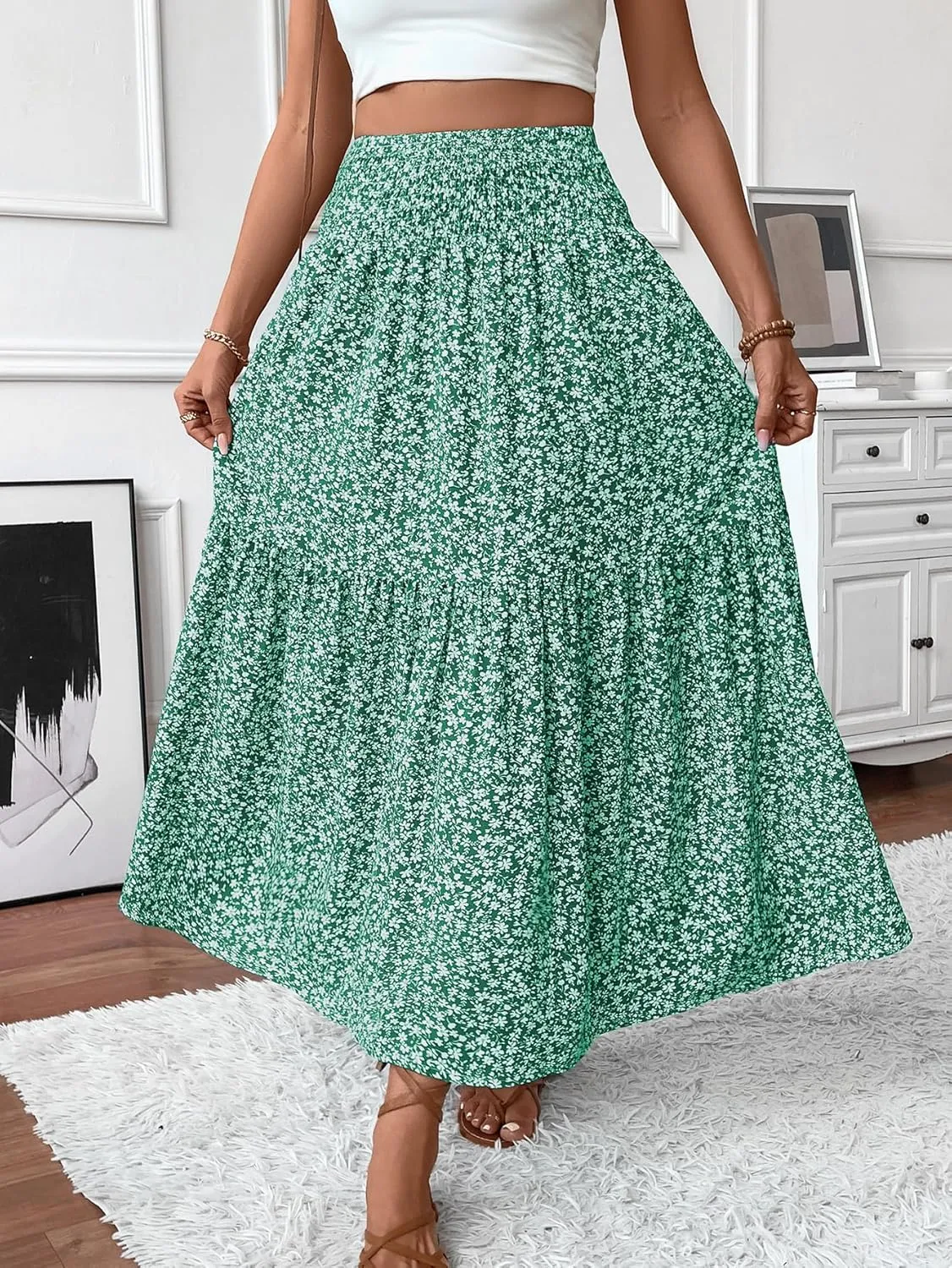 Women's Smocked High Waist Maxi Skirt Casual Boho Long Skirts with Pockets
