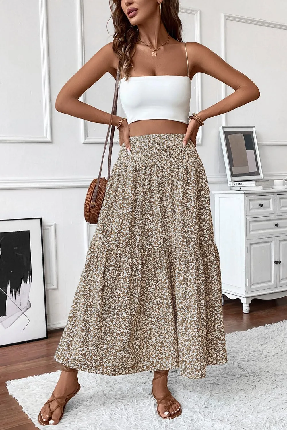 Women's Smocked High Waist Maxi Skirt Casual Boho Long Skirts with Pockets