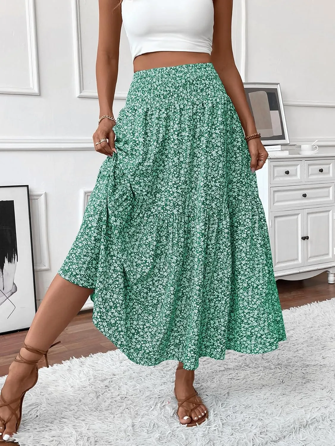 Women's Smocked High Waist Maxi Skirt Casual Boho Long Skirts with Pockets