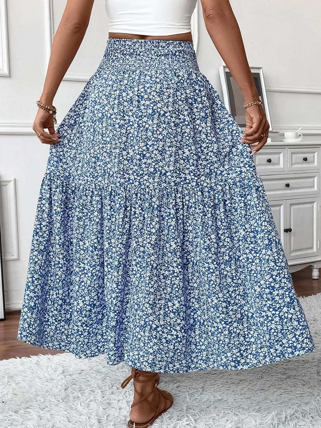 Women's Smocked High Waist Maxi Skirt Casual Boho Long Skirts with Pockets