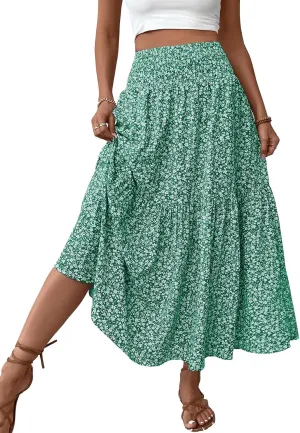 Women's Smocked High Waist Maxi Skirt Casual Boho Long Skirts with Pockets