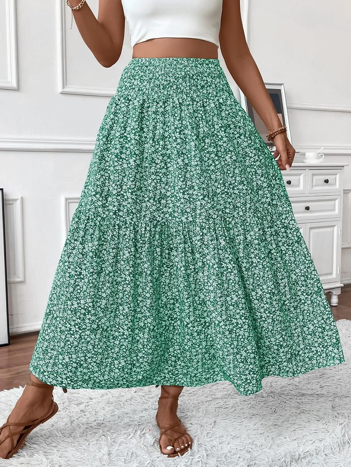 Women's Smocked High Waist Maxi Skirt Casual Boho Long Skirts with Pockets