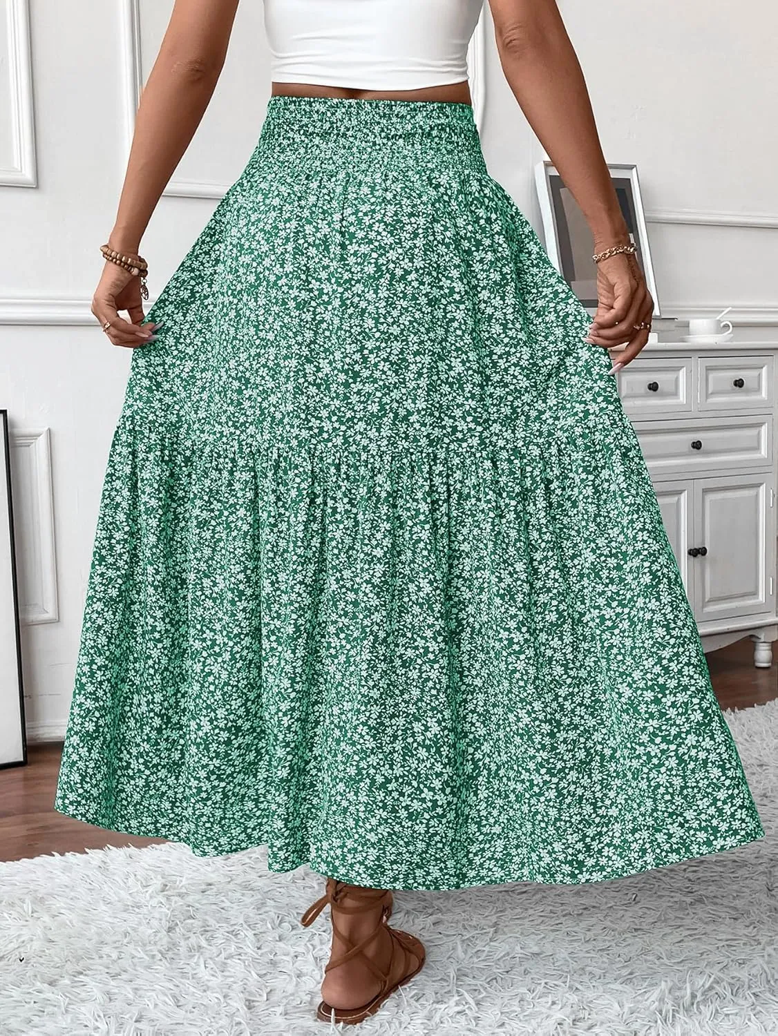 Women's Smocked High Waist Maxi Skirt Casual Boho Long Skirts with Pockets