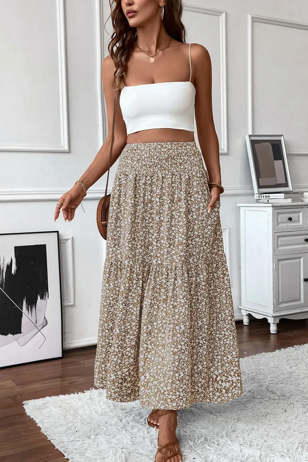 Women's Smocked High Waist Maxi Skirt Casual Boho Long Skirts with Pockets