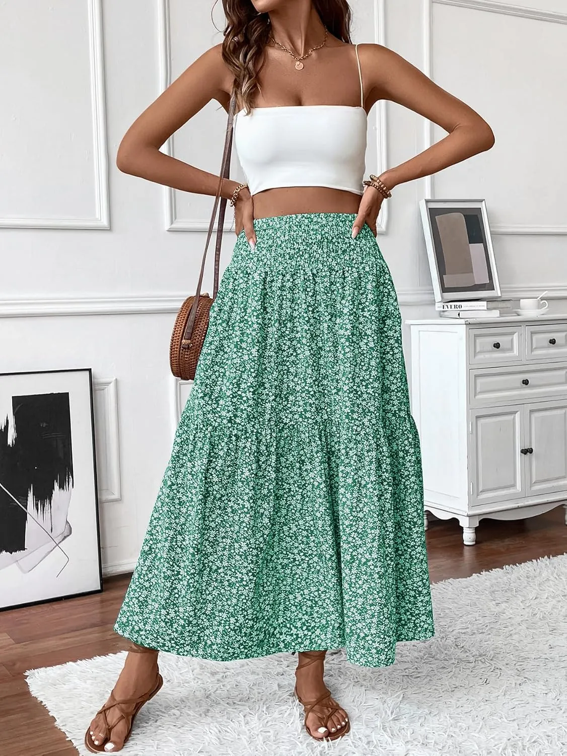 Women's Smocked High Waist Maxi Skirt Casual Boho Long Skirts with Pockets