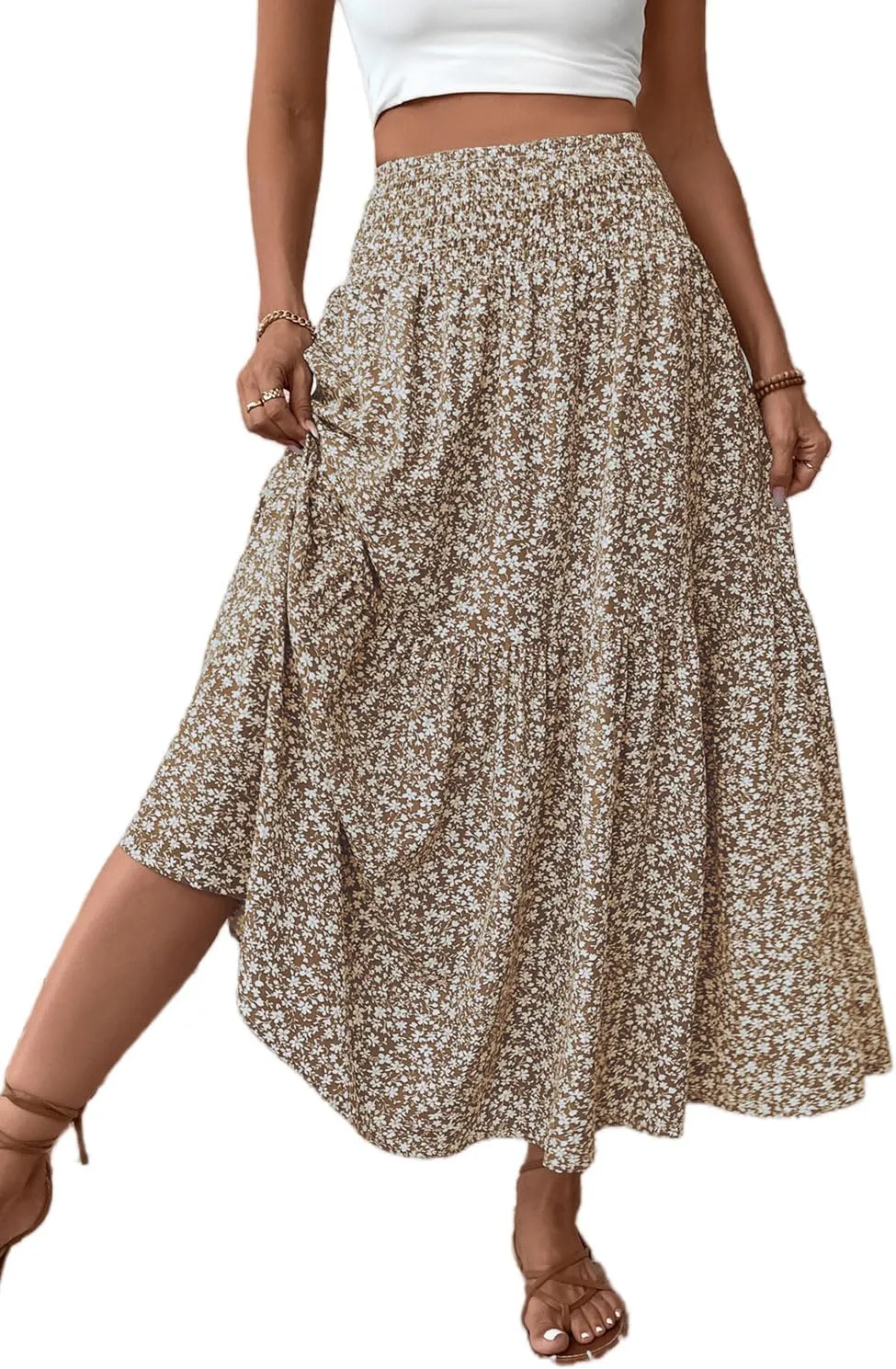 Women's Smocked High Waist Maxi Skirt Casual Boho Long Skirts with Pockets