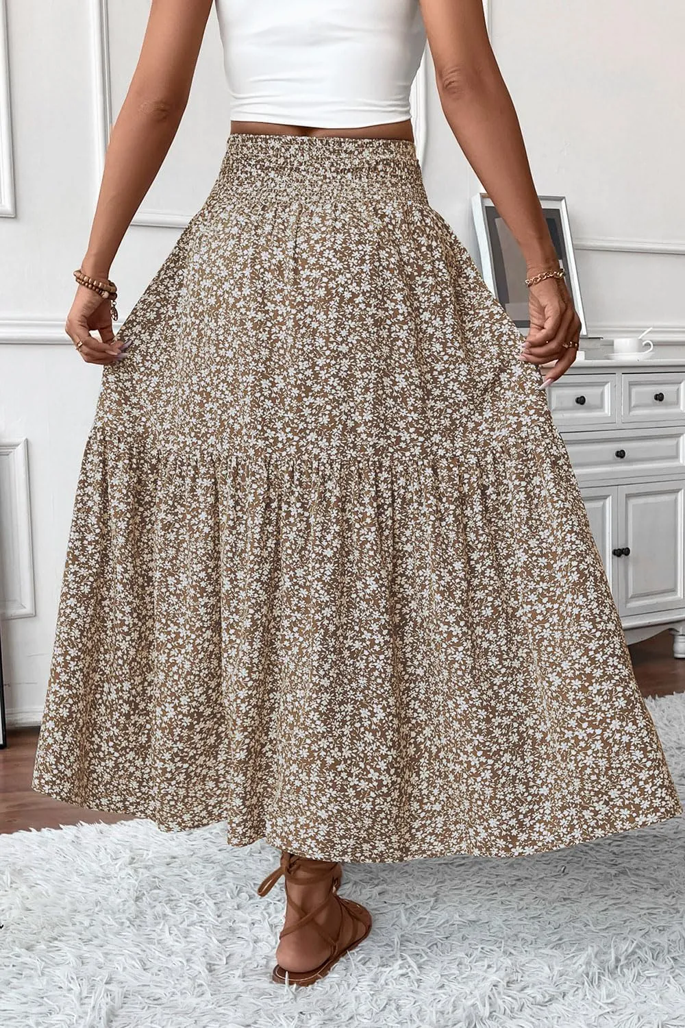 Women's Smocked High Waist Maxi Skirt Casual Boho Long Skirts with Pockets