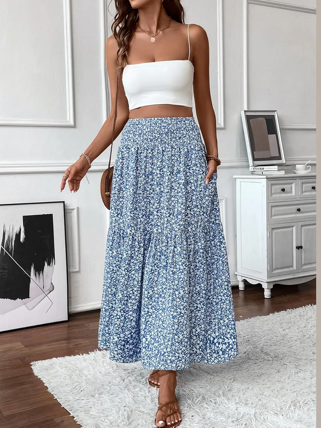Women's Smocked High Waist Maxi Skirt Casual Boho Long Skirts with Pockets